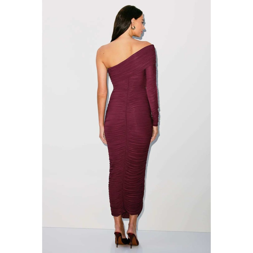 Ronny Kobo Ruched One Shoulder Long Sleeve Midi Dress Burgundy Size S - Picture 2 of 10